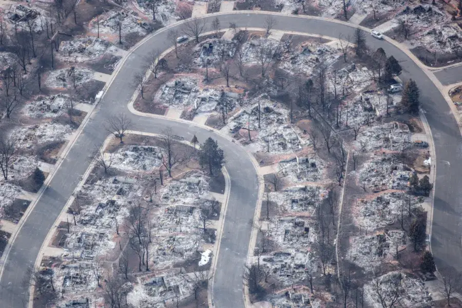 A neighborhood destroyed by a wildfire