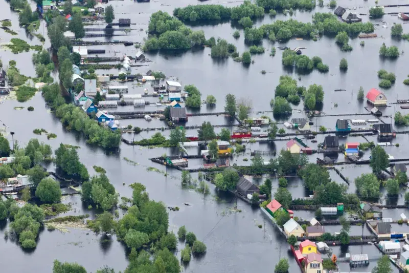 Aerial view of a flooded neighborhood