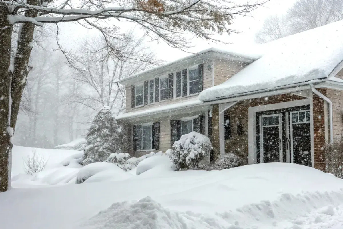 Front view of a home in a snow storm