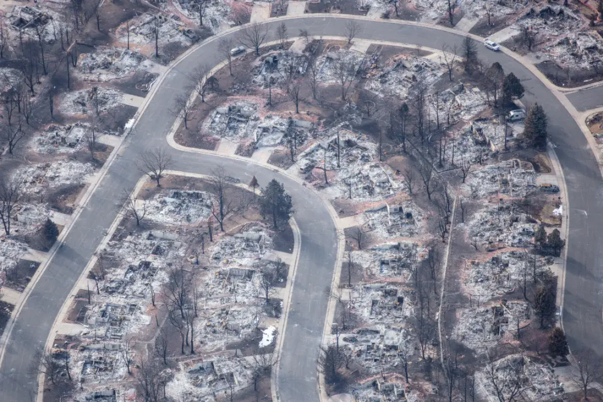A neighborhood destroyed by a wildfire