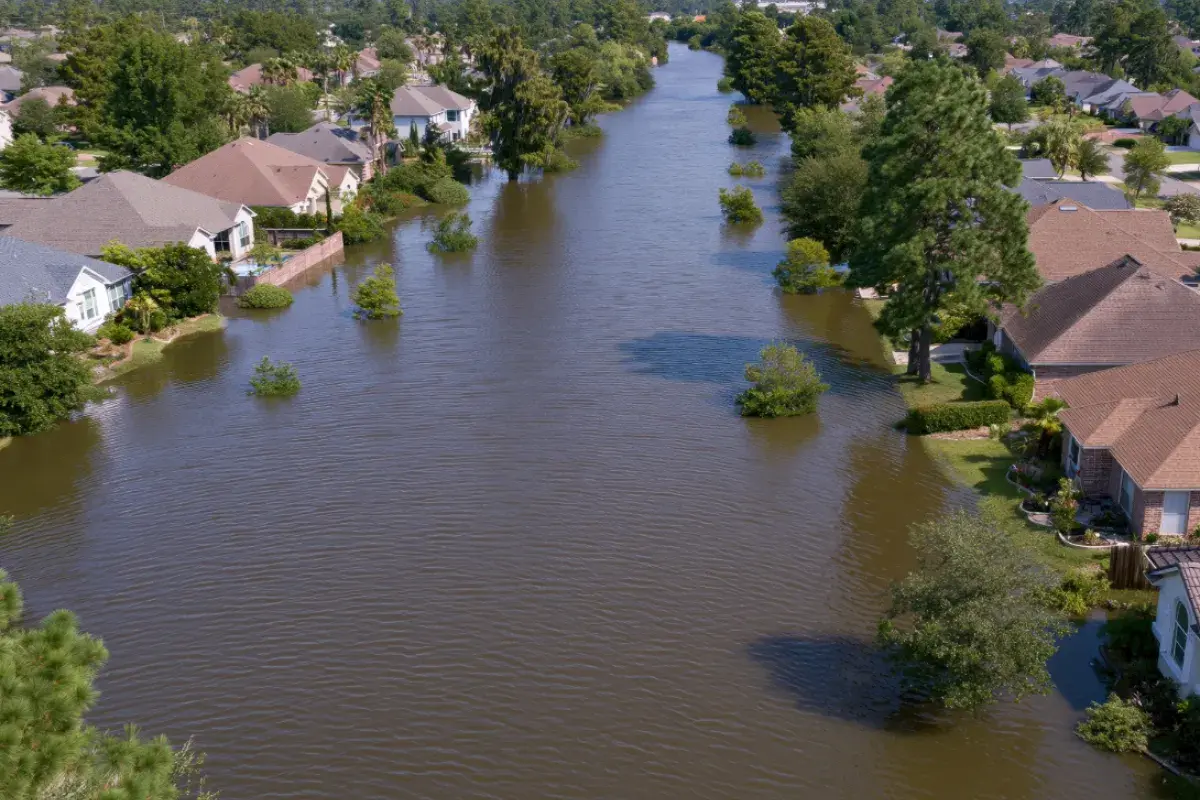 A flooded neighborhood with standing water