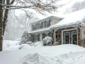 Front view of a home in a snow storm