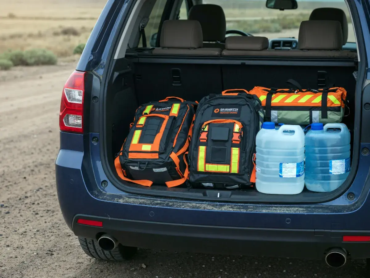 Emergency kit in the back of a car