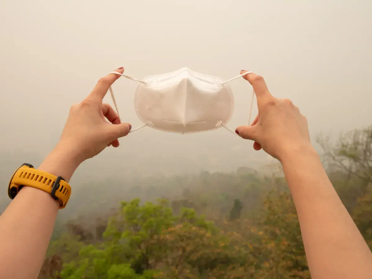 N95 mask in front of wildfire smoke
