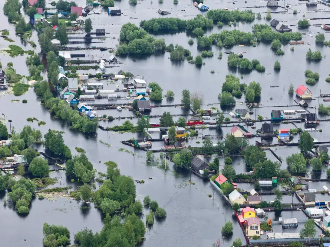 Aerial view of a flooded neighborhood