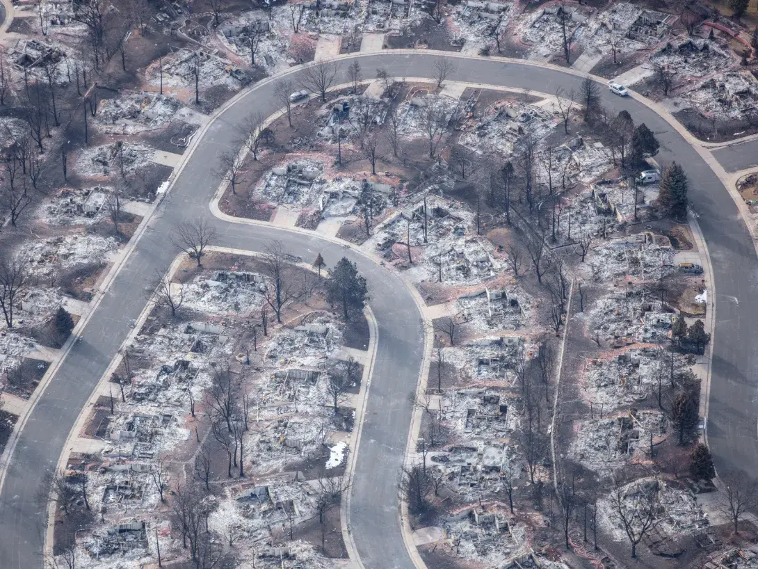 A neighborhood destroyed by a wildfire